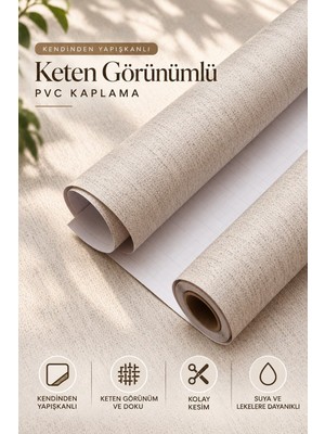 Deconitte Premium Kendinden Yapışkanlı Keten Dokulu Pvc Folyo Kaplama, Suya Dayanıklı Mobilya Mutfak Dolabı Duvar Kaplama Folyosu