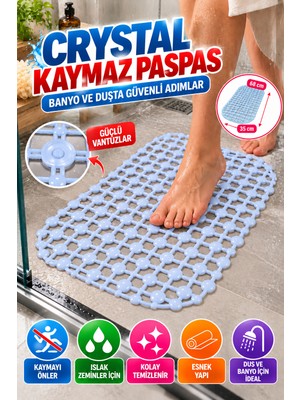 Open City Crystal Kaymaz Vantuzlu Banyo Paspası Mavi 68X35 cm Islak Zemin Kaydırmaz Küvet Duşakabin Pvc Matı
