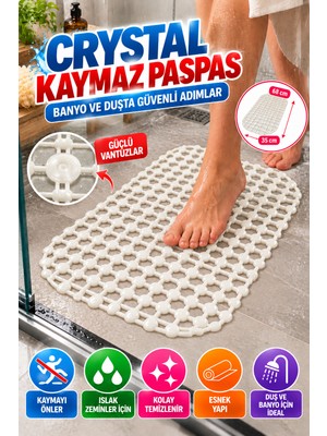 Open City Beyaz Crystal Kaymaz Vantuzlu Banyo Paspası 68X35 cm Islak Zemin Kaydırmaz Küvet Duşakabin Pvc Matı