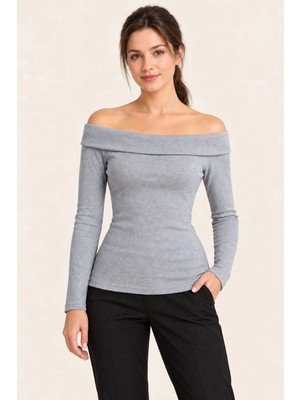 Marchè Bien Kadın Gri Melanj Madonna Yaka Uzun Kollu Fitilli Likralı Kaşkorse Slim Fit Bluz - Gri
