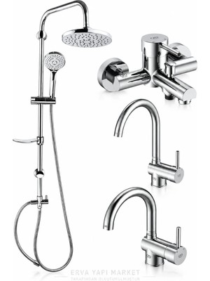 GPD Espina Banyo Bataryası Kuğu Lavabo Mutfak Evye Bataryası DST19-2 Yağmur Duş Sistemi 4'lü Krom Set