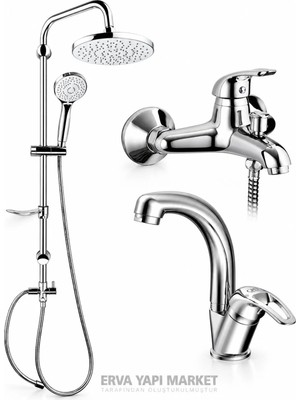 GPD Adrio Banyo Bataryası Döner Lavabo Bataryası DST19-2 Yağmurlama Duş Seti 3'lü Krom Banyo Kombini