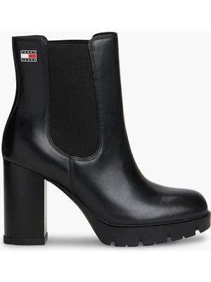 Tommy Hilfiger Kadın Marka Bayrak Logolu Chelsea Modeli Bağcıksız Topuklu Şık Görünüşlü Siyah Bot & Bootie