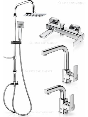 GPD Pedra Banyo 360° Döner Lavabo Evye Bataryası DST19-3 Kare Yağmur Duş Sistemi 4'lü Krom Set