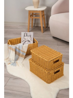 Avantage Home Roberta -3 Lü Rattan Kapaklı Dikdörtgen Organizer Çok Amaçlı Sepet Seti