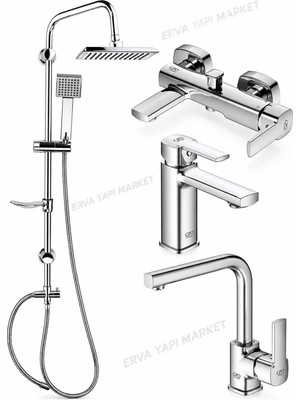 GPD Pedra Banyo Lavabo Eviye Bataryası ve DST19-3 Kare Yağmur Duş Sistemi 4'lü Krom Set