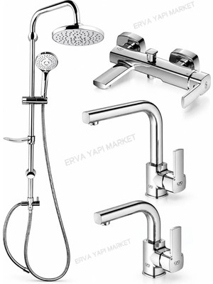 GPD Pedra Banyo Döner Lavabo Evye Bataryası ve DST19-2 Yağmur Duş Sistemi 4'lü Krom Set