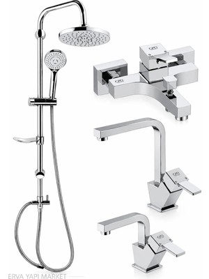GPD Tulio Banyo Bataryası Kuğu Lavabo Mutfak Evye Bataryası DST19-2 Yağmur Duş Sistemi 4'lü Krom Set