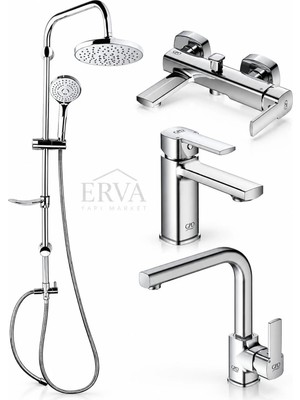 GPD Pedra Banyo Lavabo Eviye Bataryası ve DST19-2 Yağmur Duş Sistemi 4'lü Krom Set