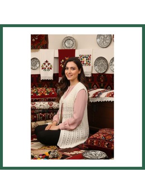 Vintessy Vıntessy Çeyizlik Yelek, Simli Yelek, Örgülü Yelek, Hediyelik Yelek, Gelin Simli Yelek - Krem BZS01
