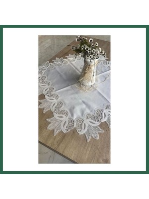 Vintessy Vıntessy 88X88 cm Kayla Kreme Gümüş Fransız Dantel Detaylı Kare Sehpa Örtüsü Zarif Model BZS01