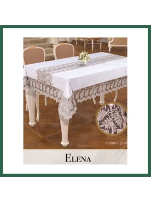Vintessy Vıntessy Keten Işlemeli Masa Örtüsü 160X260 cm Dantelli Yemek Masası Örtüsü Elena Model Krem-Gold BZS01