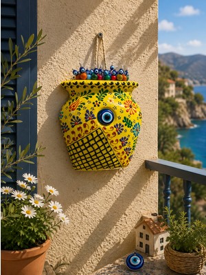 Yedirenk Hediyelik Eşya Polyester Çini Desenli Saksı Duvar Bahçe Balkon Dekorasyon Süsü