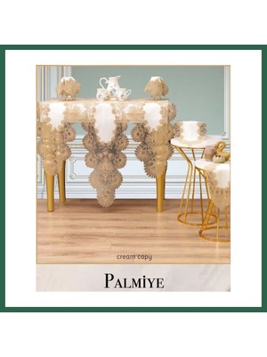 Vintessy Vıntessy Salon Takımı 7 Parça Keten Masa Örtüsü Runner Seti Çeyizlik Palmiye Model No 66625 Krem-Kapiçino BZS01