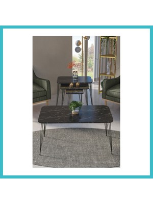 Defne Store Siyah Tel 4'lü Sehpa Seti Siyah Dfnbez