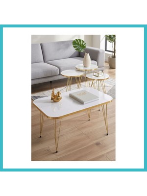 Defne Store Gold Tel 4'lü Sehpa Seti Beyaz Dfnbez
