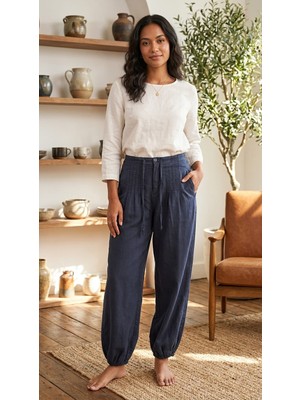 Kroşetalı Paça ve Beli Lastikli Pantolon Lacivert - Xl