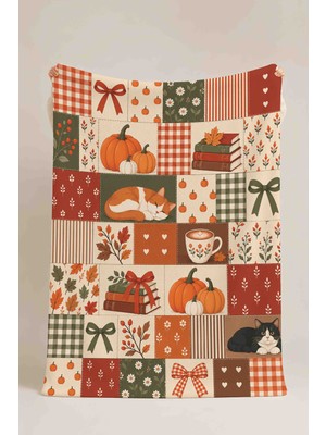 Luvis Store Autumn Patchwork Balkabağı ve Kedi Desenli Çok Amaçlı Polar Battaniye & Örtü