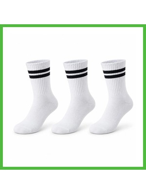 Bezos Unisex Beyaz Çorap Siyah Çizgili 3'lü Set Uzun Soket Günlük Spor Kolej Stil Rahat Kadın Erkek Çorabı Arz