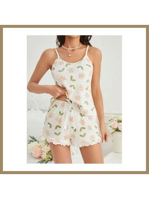 Bezos Kadın Ekru Çiçek Baskılı Şortlu Gecelik Pijama Takımı 5047 · Beden: S/m · Renk: Ekru 22