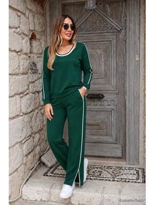 Trend Metkar Kadın Uzun Kollu Yuvarlak Yakalı Şerit Detaylı Viskon Iki Iplik Bluz ve Yırtmaçlı Pantolonikili Takım