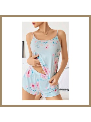 Bezos Kadın Bebek Mavisi Çiçek Desenli Askılı Şortlu Pijama Takım 5011 · Beden: S/m · Renk: Bebe Mavisi 22