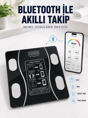 Royaleks Akıllı Cam Baskül Bluetooth Mobil Uygulamalı Vücut Analiz Tartısı 180 kg LCD Ekran