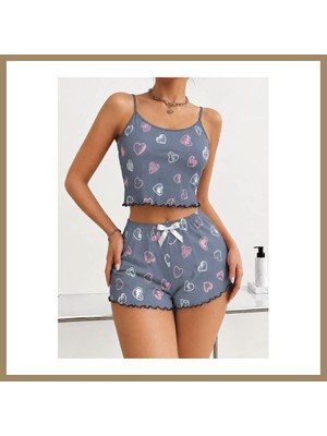 Bezos Kadın Gri Kalp Desenli Dantel Askılı Şortlu Pijama Takımı 5265 · Beden: S/m · Renk: Gri 22