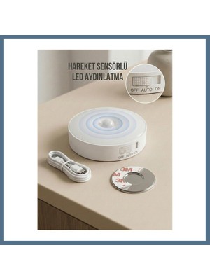 Bezos Hareket Sensörlü Yuvarlak LED Aydınlatma & USB Şarjlı Pratik Gece Lambası (8 Cm) Bbz