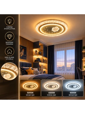 Dolunay Avize Dolunay 50 cm 3 Renk LED Avize Bulut Yıldız Desenli Kristal Görünümlü Modern Çocuk Odası Tavan Lambası