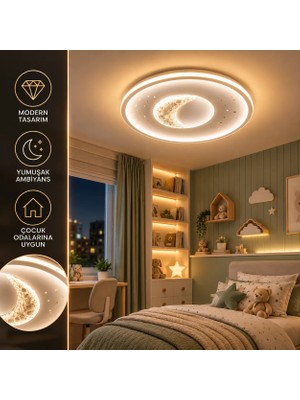 Dolunay Avize Dolunay Ay Yıldız Figürlü 50 cm  Enerji Tasarruflu 3 Renk Işıklı LED Tavan Avizesi