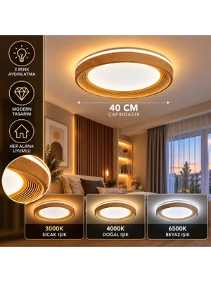 Dolunay Avize Modern LED Tavan Plafonyeri | Ahşap Görünümlü | 3 Renk Aydınlatma