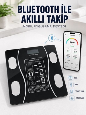 Marsilyan Akıllı Cam Baskül Bluetooth Mobil Uygulamalı Vücut Analiz Tartısı 180 kg LCD Ekran
