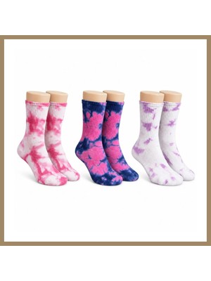 Bezos Unisex Batik Desenli Çorap 3'lü Set Pamuklu Renkli Uzun Soket Dikişsiz Nefes Alan Günlük Spor Çorabı 22