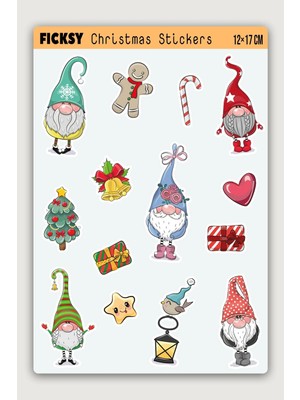 Ficksy Sevimli Yılbaşı Cücesi Yeni Yıl Temalı Sticker Seti - 14 Adet Etiket Çıkartma