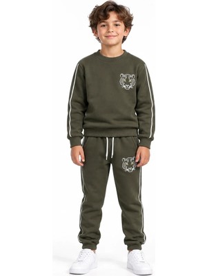 Lugmo Haki Kaplan Nakışlı 3 Iplik Çocuk Eşofman Takımı Bisiklet Yaka Biyeli Sweatshirt ve Jogger Alt