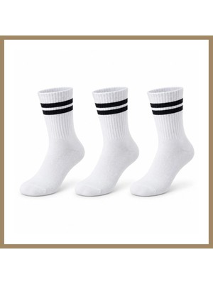 Bezos Unisex Beyaz Çorap Siyah Çizgili 3'lü Set Uzun Soket Günlük Spor Kolej Stil Rahat Kadın Erkek Çorabı 22
