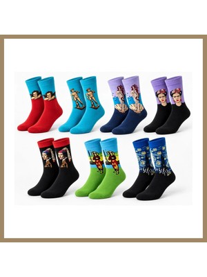 Bezos Unisex Çorap Sanat Temalı Renkli 7'li Set Portre Tablo Desenli Uzun Soket Günlük Eğlenceli Çorap Şık 22