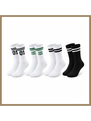 Bezos Unisex Çorap Çizgili 4'lü Set 07 Good Vibes Yazılı Siyah Beyaz Uzun Soket Spor Kolej Stil Rahat Şık 22