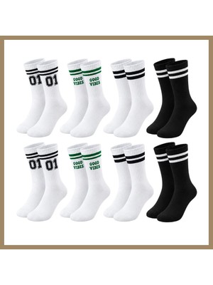 Bezos Unisex Çorap Çizgili 8'li Set 07 Good Vibes Yazılı Siyah Beyaz Uzun Soket Spor Kolej Stil Çorap 22