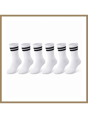 Bezos Unisex Beyaz Çorap Siyah Çizgili 6'lı Set Uzun Soket Günlük Spor Kolej Stil Rahat Kadın Erkek Çorabı 22