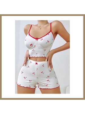 Bezos Kadın Vişne Desenli Dantel Askılı Şortlu Pijama Takımı 5193 · Beden: S/m · Renk: Beyaz 22