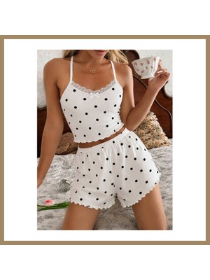 Bezos Kadın Beyaz Puantiyeli Dantelli Yumuşak Askılı Şortlu Pijama Takımı 5267 22