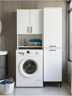 Vivense Brillon Singa Çamaşır Makinesi Banyo Dolabı, Kirli Sepetli, Beyaz, 2 Kapaklı