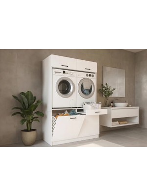 Vivense Lipa Çamaşır ve Kurutma Makinesi Banyo Dolabı, Kirli Sepetli, Beyaz