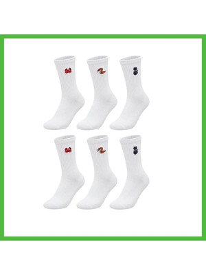 Bezos Unisex Çorap Beyaz Hayvan Nakışlı 6'lı Set Yengeç Yılan Kedi Desenli Uzun Soket Günlük Spor Çorabı Arz