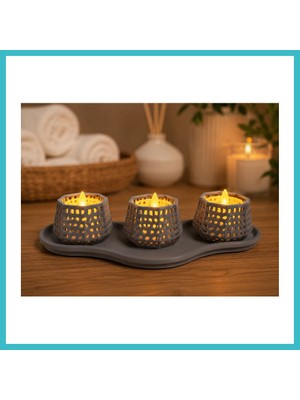 Defne Store 3D Baskı Dekoratif Mumluk Seti - Desenli Tealight ve Masaüstü Aydınlatma Objesi-Gri Dfnbez