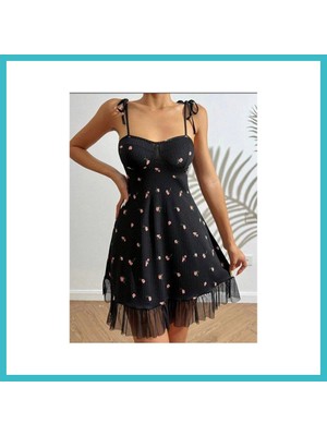 Defne Store Kadın Siyah Pembe Gül Desenli Askılı Bağlamalı Dantel Detaylı Elbise 5072 · Beden: S/m · Renk: Siyah Dfnbez