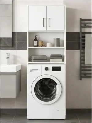 Vivense Lumy Çamaşır Makinesi Banyo Dolabı, Beyaz, Kapaklı 4 Raflı