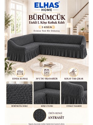 ELHAS Bürümcük Kumaş 5 Kişilik Etekli L Köşe Koltuk Kılıfı | Koltuk Örtüsü
